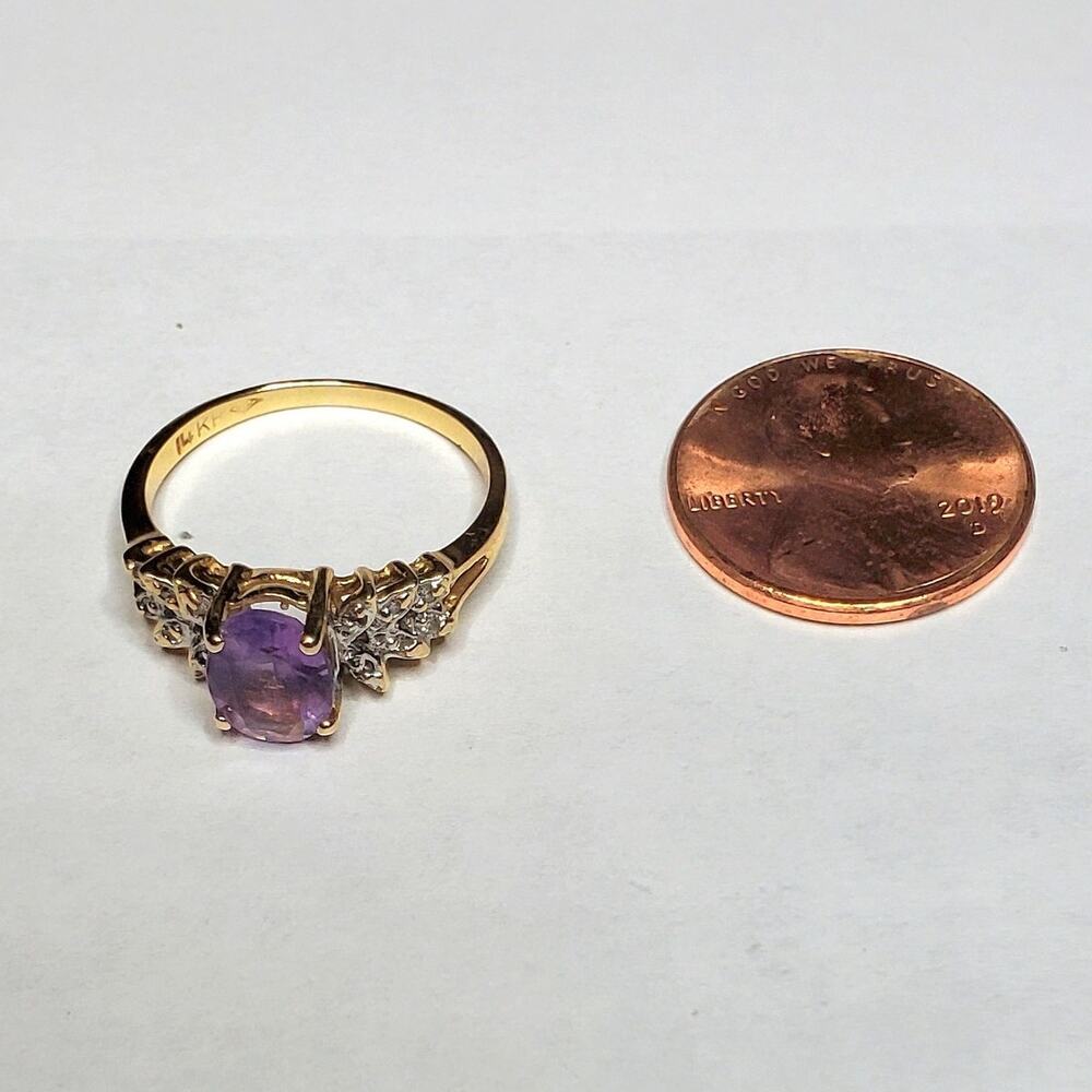 Vintage 14K Fine Yellow Gold Oval Amethyst Diamond Cocktail Ring - Picture 5 of 12